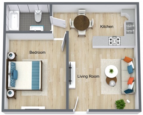 a bedroom with a living room and a dining room
